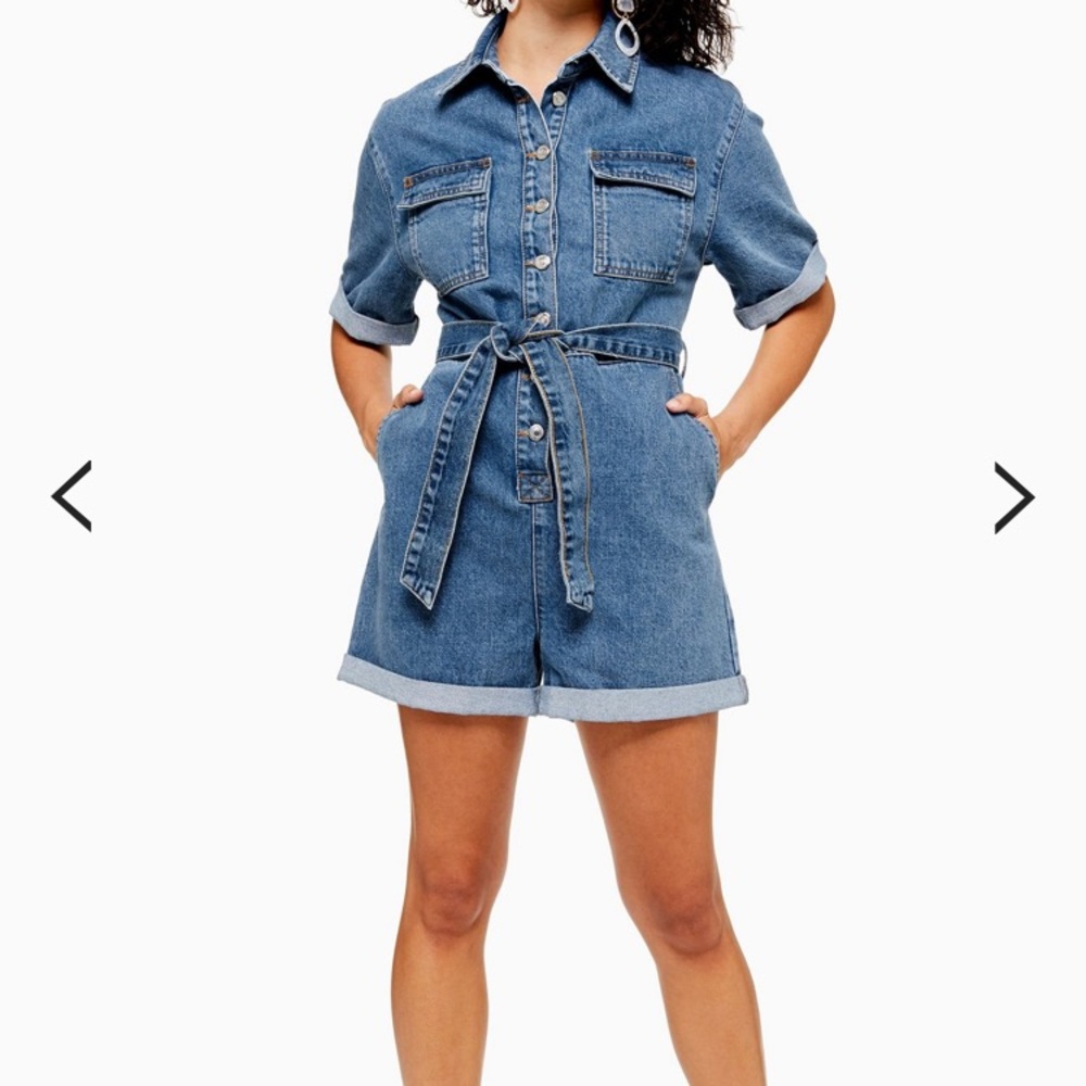 Petite blue denim button romper